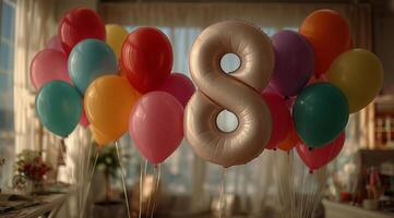 Celebrating a Special Birthday With Colorful Balloons and a Large Number Eight photo