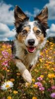 Happy Dog Running Through Colorful Wildflower Meadow Under a Blue Sky With Clouds photo