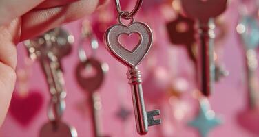 Heart-shaped Key Held up Against a Vibrant Background of Assorted Keys and Decorations photo