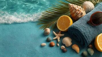 Relaxing Beachside Setup With Towels, Seashells, and Citrus Fruits Near Calm Turquoise Waters photo