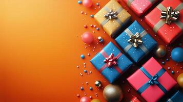 Holiday Gifts Decorated With Ribbons and Ornaments on Warm Orange Background in Festive Arrangement photo