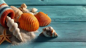 Colorful Seashells and Sand on a Turquoise Wooden Surface by the Beach in Sunny Weather photo