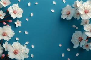 Beautiful White Cherry Blossom Flowers Arranged on a Blue Background With Scattered Petals photo