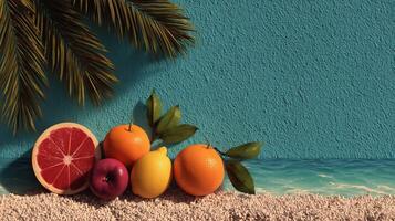 Colorful Tropical Fruits Arranged on Sandy Beach With Vibrant Blue Background photo