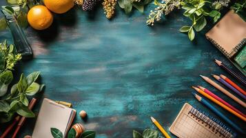 Creative Workspace With Stationery and Nature Elements on a Teal Background photo