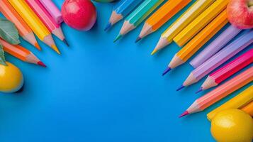 Colorful Arrangement of Pencils and Fruits on Vibrant Blue Background for Creative Projects photo