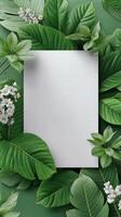 Green Foliage Surrounds Blank Paper With Delicate Flowers on a Soft Green Background photo