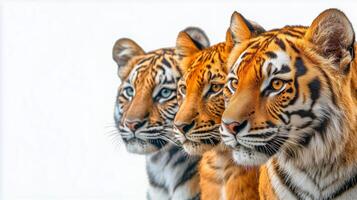 Three Majestic Tigers Standing Side by Side Against a Bright Background Highlighting Their Beauty photo