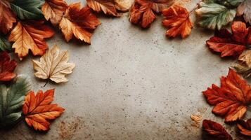 Beautiful Autumn Leaves Create a Colorful Border on a Textured Stone Background photo