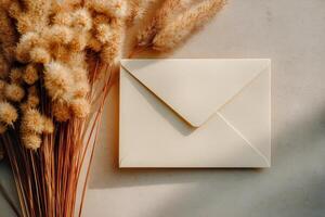 Elegant White Envelope Surrounded by Dried Grass on a Neutral Surface photo