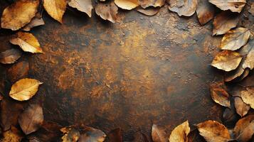 Autumn Leaves Surround a Rustic Textured Background in Warm Tones of Brown and Gold photo