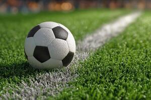 Soccer Ball Resting on Green Field With White Line During a Match in Bright Daylight photo