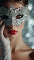 Elegant Woman Wearing Sparkling Mask Prepares for a Mysterious Evening Event in a Glamorous Setting photo