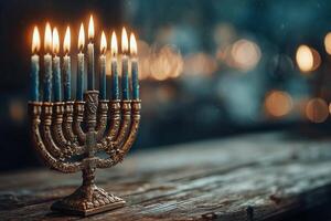 Menorah With Lit Candles Placed on Wooden Table During Hanukkah Celebration at Night photo