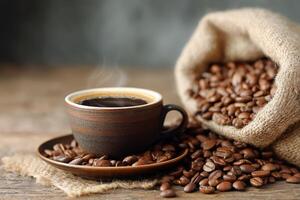 Freshly Brewed Coffee in a Rustic Setting With Roasted Beans and Burlap Sack photo