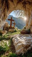 Three Crosses Stand in a Serene Cave With Sunlight Illuminating the Peaceful Landscape at Dawn photo