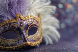 Elegant Purple Mask With Feathers and Glitter Showcases Festive Design for Celebration photo