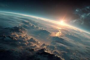 Stunning Sunrise View Over Earth From Space With Clouds and Distant Stars photo