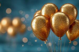 Festive Golden Balloons Floating Gracefully Against a Blue Backdrop With Sparkling Bokeh Lights photo