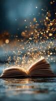 Open Book Surrounded by Glowing Particles Creating a Magical Atmosphere at Dusk photo