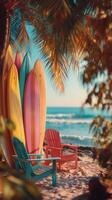Colorful Surfboards Stand by the Shore on a Sunny Beach Afternoon photo