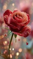 Beautiful Red Rose Adorned With Droplets and Hearts in a Soft Bokeh Background photo
