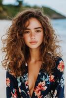Young Woman With Curly Hair Posing on Beach in Floral Dress During Sunny Day by the Ocean photo