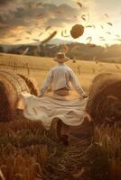 Farmer Walks Through Golden Fields Carrying a White Cloth at Sunset Amidst Hay Bales and Flying Grains photo