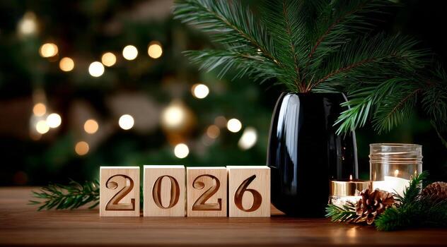 Festive Decorations With Wooden Blocks Showing the Year 2026 and Greenery on a Wooden Table photo