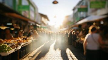 Vibrant Market Atmosphere With Shoppers Exploring Fresh Produce During Golden Hour in a Bustling Street photo