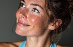 Smiling Woman With Freckles Looking Thoughtfully Towards the Light in a Cozy Indoor Setting photo