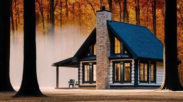 Charming Log Cabin Nestled in Autumn Trees With Mist in Serene Forest Setting photo