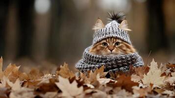 Fluffy Cat Dressed in Cozy Hat and Scarf Among Fallen Autumn Leaves in a Forest Setting photo