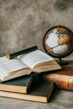 Exploration of Knowledge With Open Book and Globe on a Wooden Table Setting photo