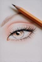 Realistic Eye Drawing With Colored Pencil on White Paper Showcasing Intricate Details and Textures photo