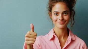 Young Woman Smiling and Giving a Thumbs up While Wearing a Pink Shirt Against a Blue Background photo