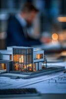 Architect Review of Modern House Model With Detailed Blueprints in Design Studio Workspace photo