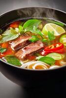 Delicious Bowl of Steaming Noodle Soup With Fresh Ingredients and Herbs Served in a Dark Bowl photo
