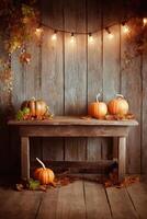 Fall Decor Arrangement With Pumpkins on Wooden Table Beneath String Lights in a Rustic Setting photo