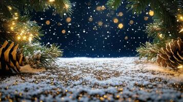 Winter Snowfall With Golden Lights and Pine Branches Creating a Festive Atmosphere photo