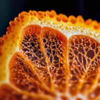 Close-up View of a Sliced Orange Showcasing Its Intricate Structure and Juicy Segments photo