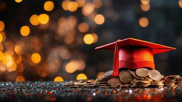 Graduation Cap Placed on Top of a Pile of Coins With Blurred Festive Lights in the Background photo