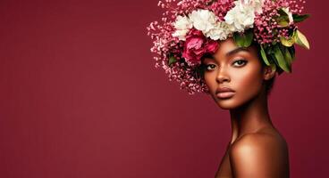 Stunning Portrait of a Woman With a Floral Crown Against a Vibrant Background photo