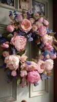 Beautiful Floral Wreath Adorned With Pink and Purple Flowers on a Vintage Door photo
