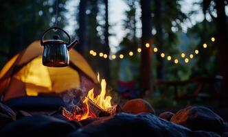 Enjoying a Cozy Evening by the Campfire With Friends at the Forest Campsite photo