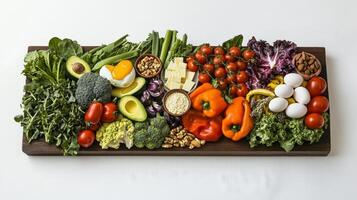 Fresh Vegetables and Eggs Arranged on a Wooden Platter for a Healthy Meal Preparation photo