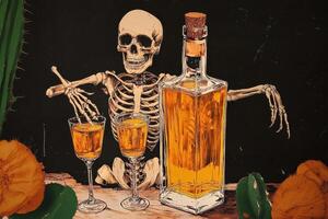 Skeleton Enjoying Drinks at a Bar With Orange Beverages and a Bottle of Liquor During a Festive Celebration photo