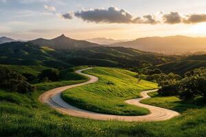 Winding Road Through Lush Green Hills at Sunset With Distant Mountains in the Background photo