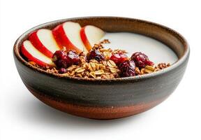 Bowl of Granola Topped With Berries and Apple Slices for a Healthy Breakfast Choice photo