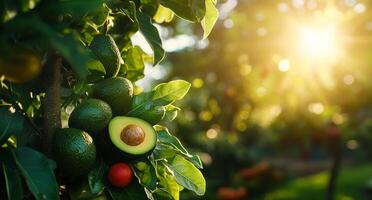 Fresh Avocados Growing on Tree Branches in Sunlit Orchard During Summer Harvest Season photo